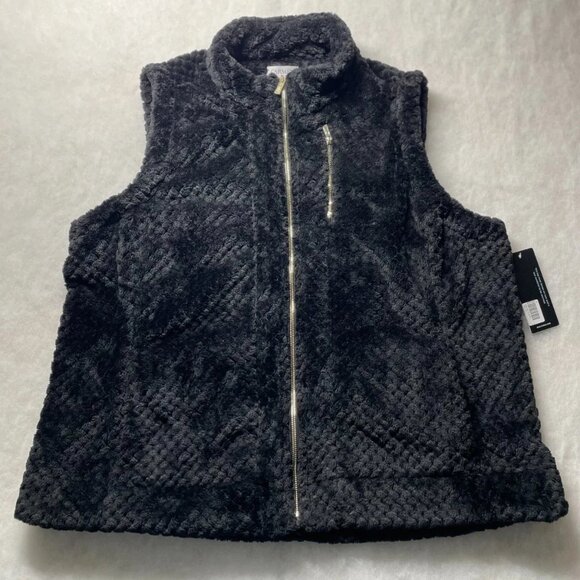NWT Carmen Marc Valvo Womens Black Full Zip Fuzzy Faux Fur Vest Plus Size 2X - Picture 1 of 8